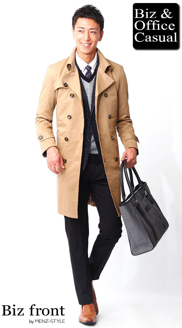 ベージュトレンチコート×ネイビーテーラードジャケット×スラックス　biz15-16aw_1049