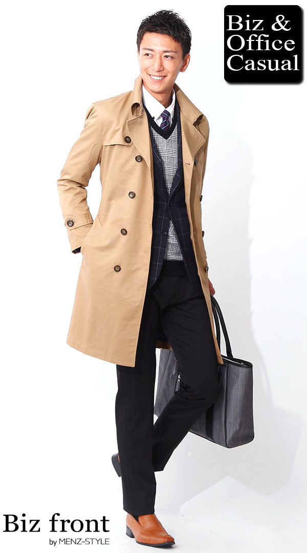 ベージュトレンチコート×ネイビーテーラードジャケット×スラックス　biz15-16aw_1055