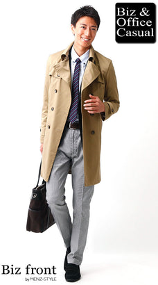 秋冬のビジネスコートとチェックパンツのコーディネート例