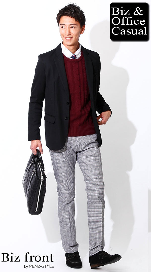 ブラックテーラードジャケット×ストライプマフラー×ワインレッドニット　biz15-16aw2738