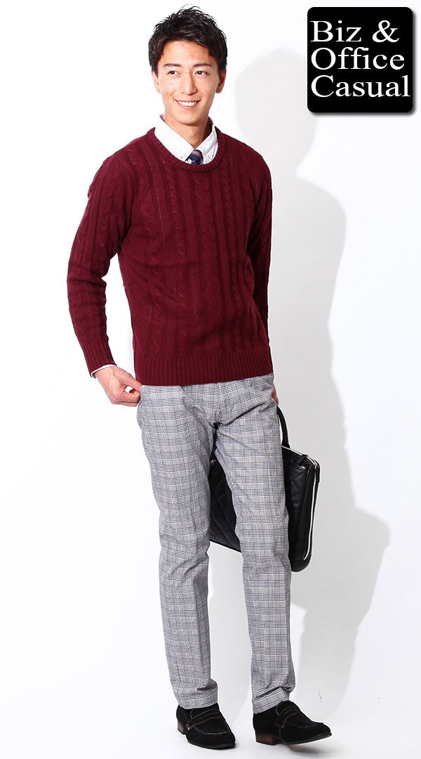 ワインレッドニット×白シャツ×グレンチェックパンツ　biz15-16aw2726