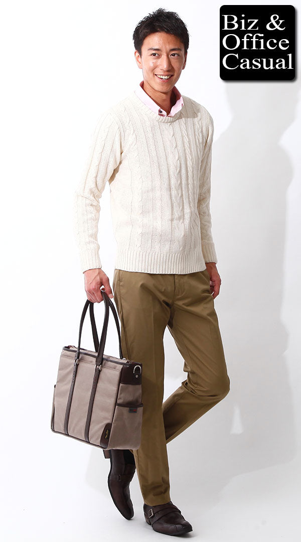 ホワイトニット×ピンクシャツ×ベージュチノパン　biz15-16aw3443