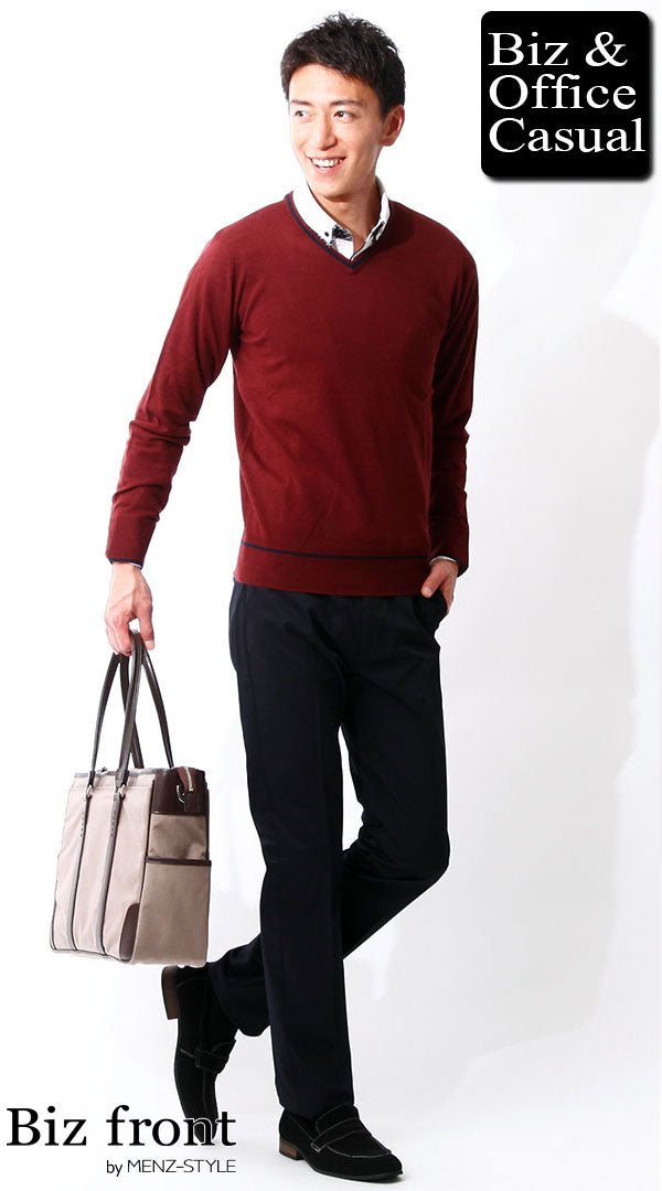 ワインレッドニット×白シャツ×ネイビースラックス　biz15-16aw3604