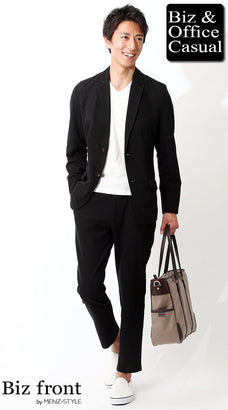 黒ストレッチ素材テーラードカットジャケットのコーデ例