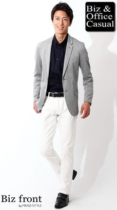 形態安定・立体裁断ネイビーシャツのコーディネート