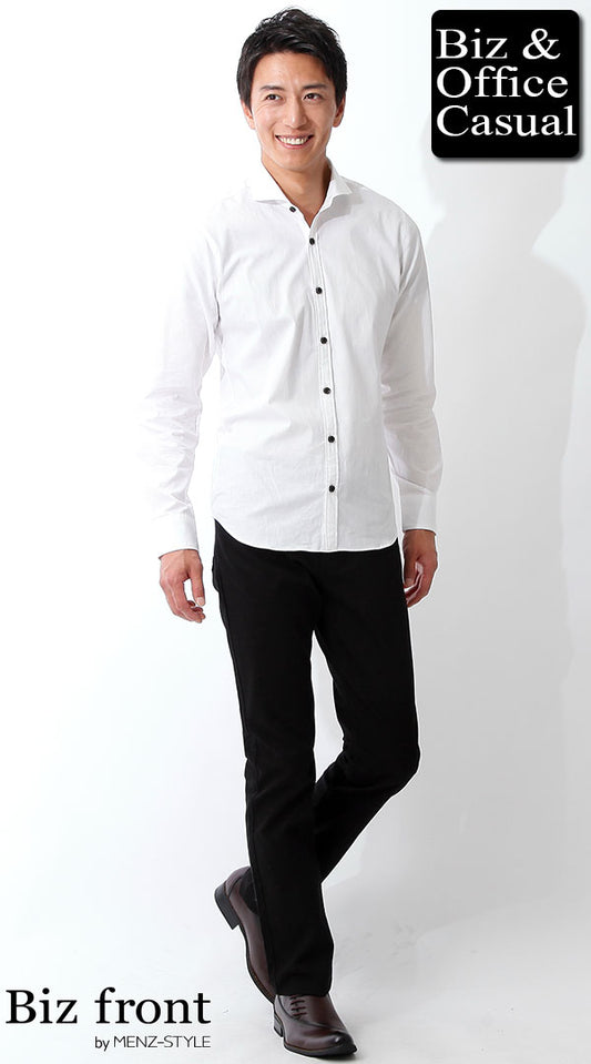 ホワイトシャツ×ブラックスキニーパンツ　モノトーンノーネクタイスタイル　biz16-17aw_1674