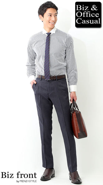 クレリック襟ストライプシャツのコーデ例