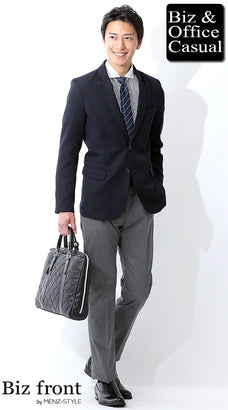 ネイビージャケット・紺ブレザーとストライプシャツのコーデ例