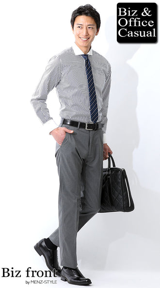 クレリック襟ストライプシャツのコーデ例