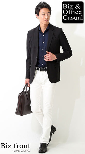 ネイビーシャツとジャケットのコーデ例