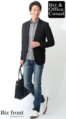 ジャケットと着丈短めシャツのコーデ例