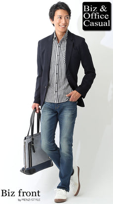 ネイビージャケット・紺ブレザーとチェックシャツのコーデ例