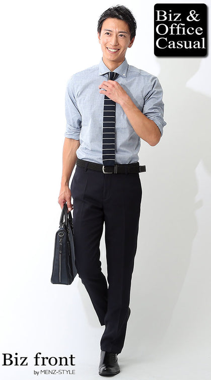 秋のビジネスカジュアルに最適な長袖シャツとニットタイの誠実見えコーディネート