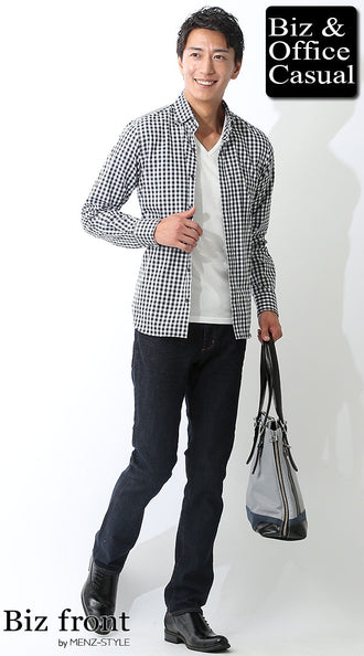 ギンガムチェックシャツのコーデ例