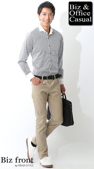クレリック襟ストライプシャツのコーデ例