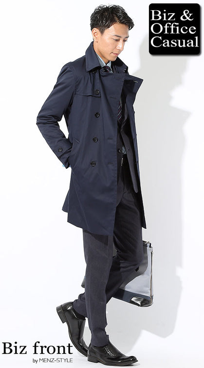 軽くて暖かいネイビートレンチコート×グレースーツの防風ビジネスコーデ
