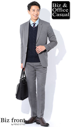 グレースーツ×ネイビーVネックニットセーターの上品ビジネスコーデ例