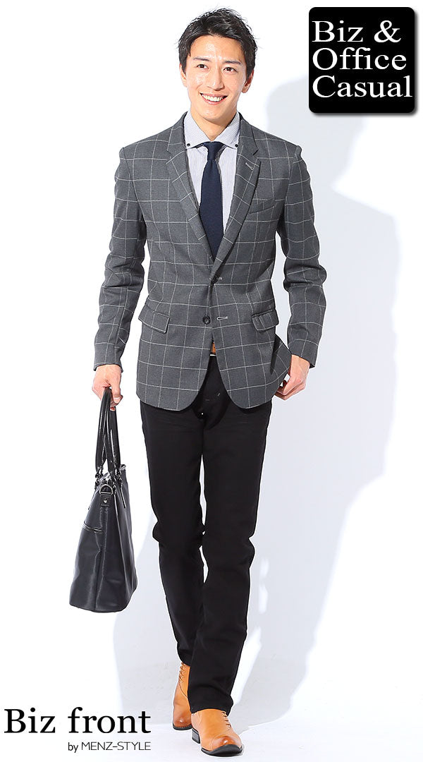 ウィンドウペンチェックグレーテーラードジャケット×黒スリムパンツ×ライトブラウンシューズ　biz17-18aw_4729
