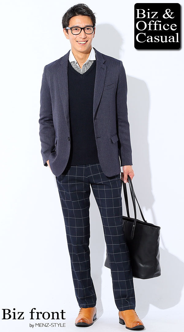 ネイビーテーラードジャケット×ネイビーセーター×ウィンドウペン