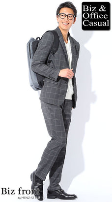 ウィンドウペンチェックグレースーツの着こなしコーディネート例