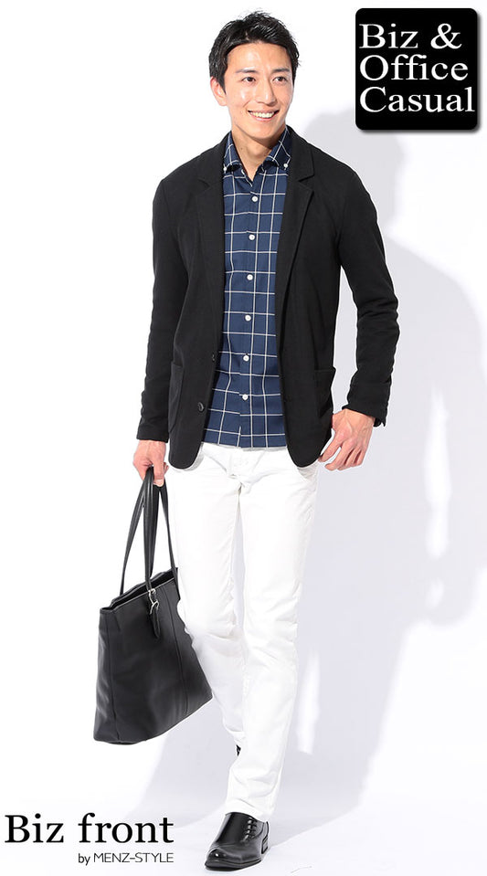 黒テーラードジャケット×ネイビーウィンドウペンチェックシャツ×白パンツ　biz18ss_0726