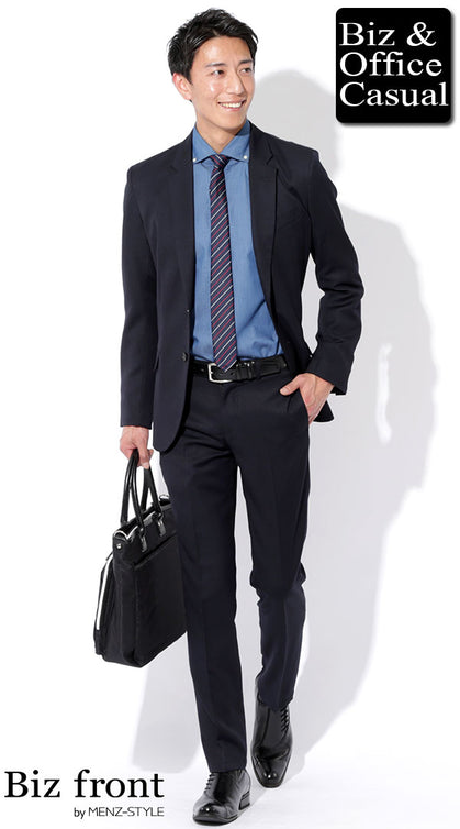 デニムシャツ メンズ ビジネス ネイビースーツ コーデ