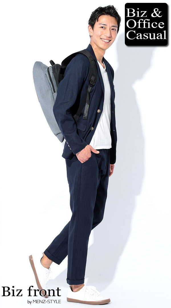 ネイビー麻カジュアルセットアップ×白カットソー×白スニーカー　biz18ss_1605