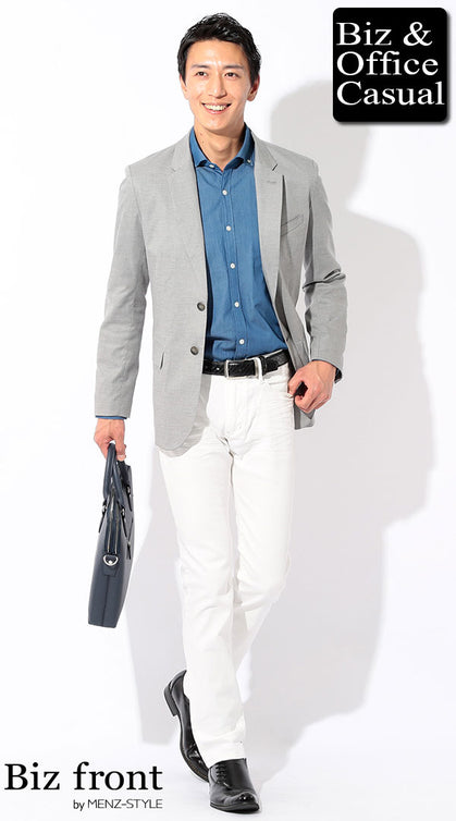 バー 服装 メンズ 夏 グレージャケット デニムシャツ 白パンツ 爽やかで知的な夏コーデ