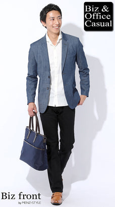 ジャケットと着丈短めシャツのコーデ例