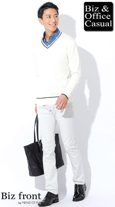 ニット・セーターとデニムシャツの重ね着コーデ例