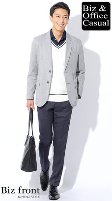 ニットセーターとシャツのジャケパンコーデ例