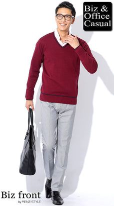 千鳥格子チェックパンツに合うニットセーター・カーディガンのコーデ例