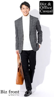 グレージャケットと黒・ブラックパンツコーディネート