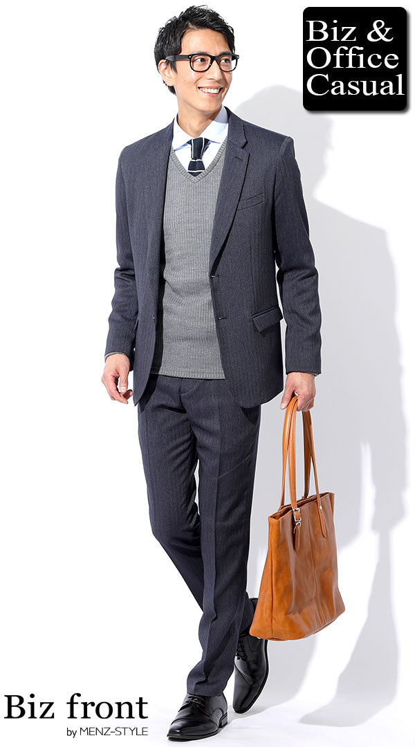 ヘリンボーン柄ネイビースーツ×グレースリムVネックニット　biz18-19aw_6998