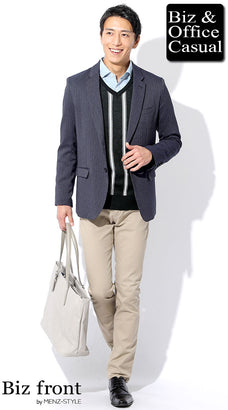 ニットセーターとシャツのジャケパンコーデ例