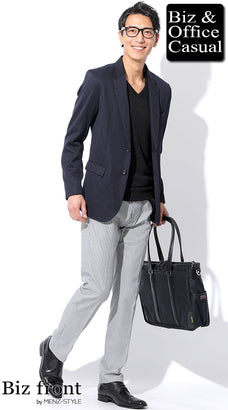 千鳥格子チェックパンツとジャケットのコーディネート例