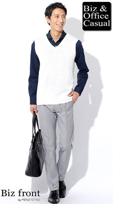 千鳥格子チェックパンツに合うニットセーター・カーディガンのコーデ例