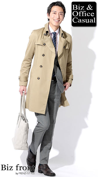 ピンクシャツ×トレンチコート×グレースラックスパンツのビジカジコーディネート画像