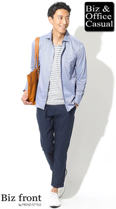 夏のネイビースラックスコーデ例