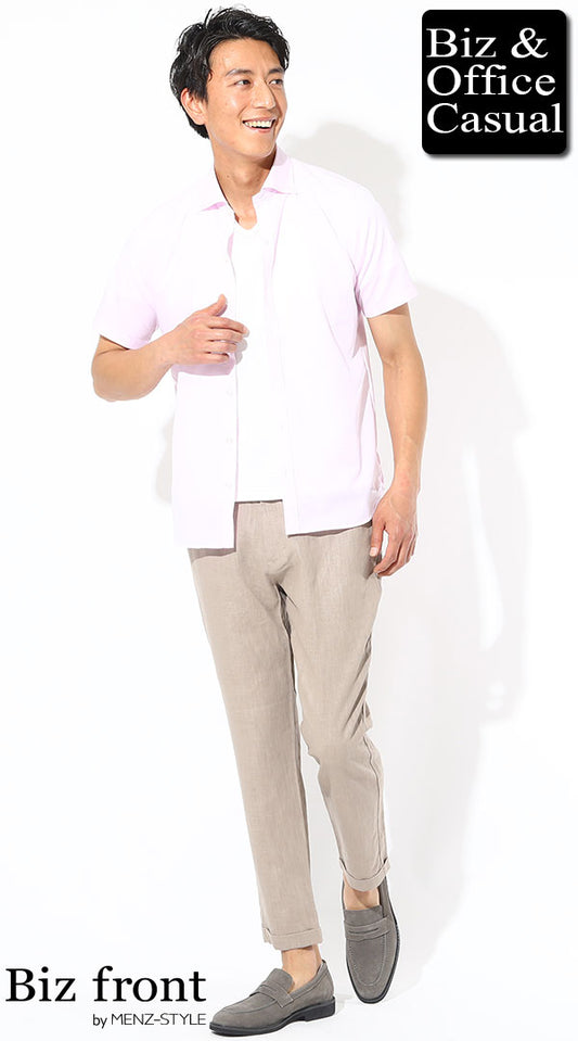 ピンク半袖シャツ×白半袖Tシャツ×ベージュ麻パンツ　biz19ss_4263