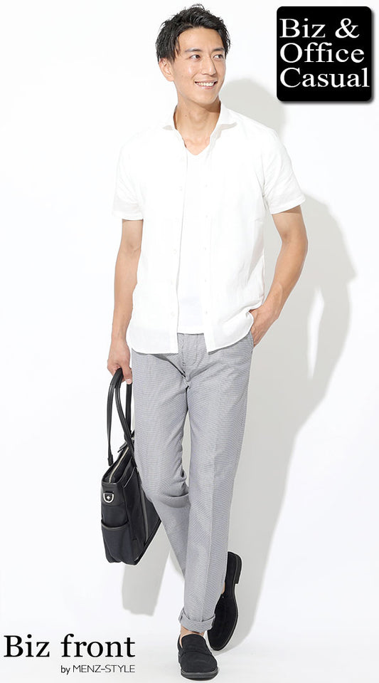 半袖白リネンシャツ×白半袖Tシャツ×千鳥格子チェックパンツ　ロールアップ　biz19ss_6054