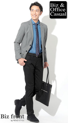 千鳥格子テーラードジャケット×デニムシャツ×黒スリムパンツ