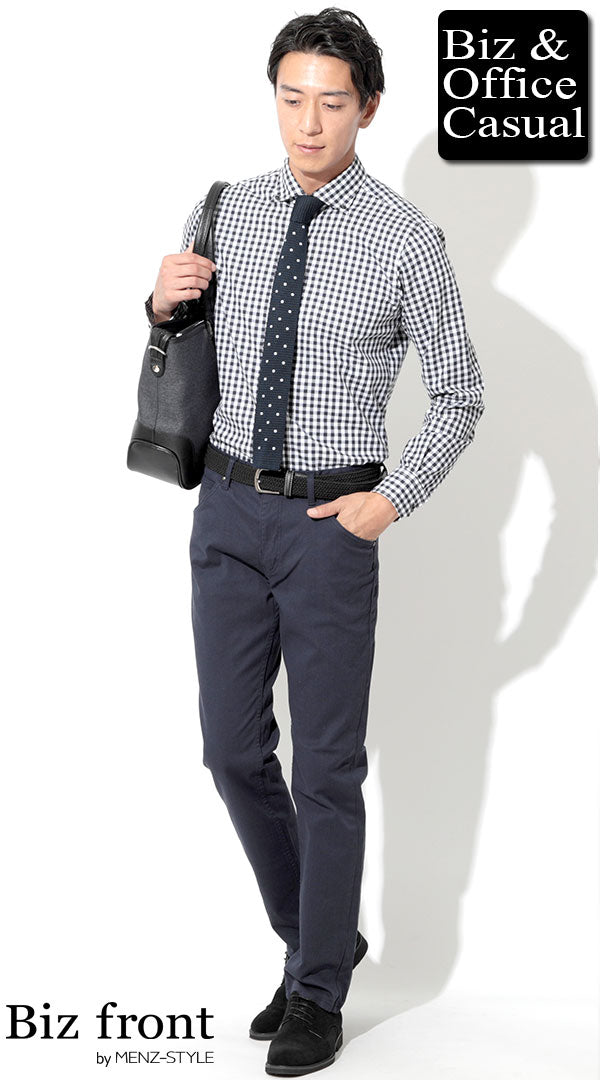 ギンガムチェックシャツ×ネイビースリムパンツ　biz19-20aw_0464