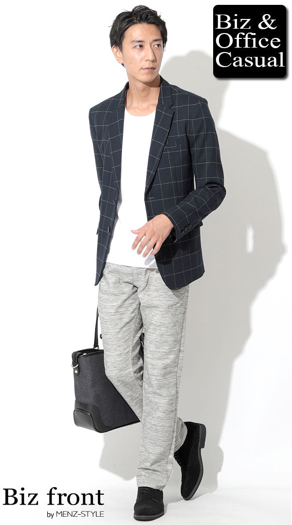 ウィンドペンチェックネイビーテーラードジャケット×白カットソー×杢柄スリムパンツ　biz19-20aw_0551