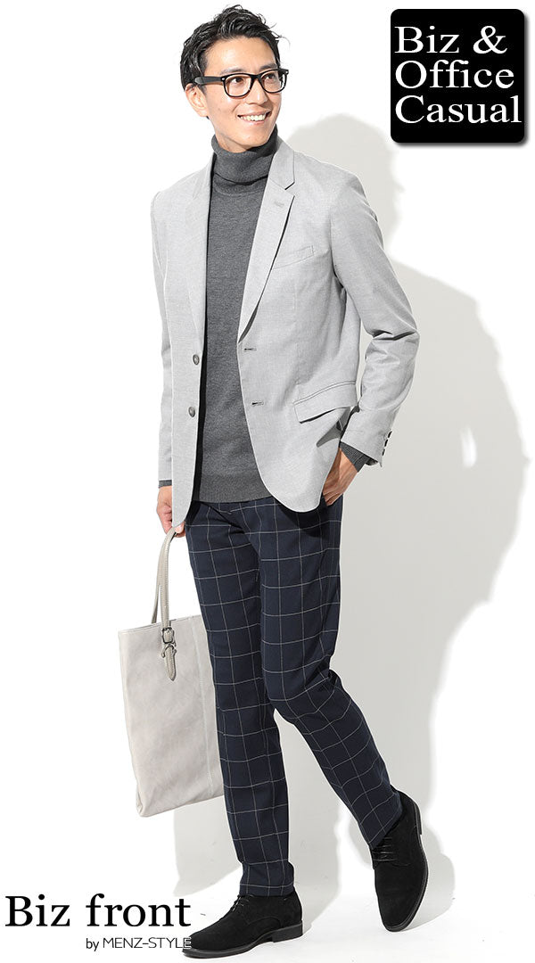 50代メンズにおすすめのグレージャケットとチェックパンツのビジネスカジュアルコーデ