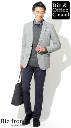 グレンチェックテーラードジャケット×チャコールグレー丸首ニットデニムシャツ×ドットネクタイ×ネイビーパンツ