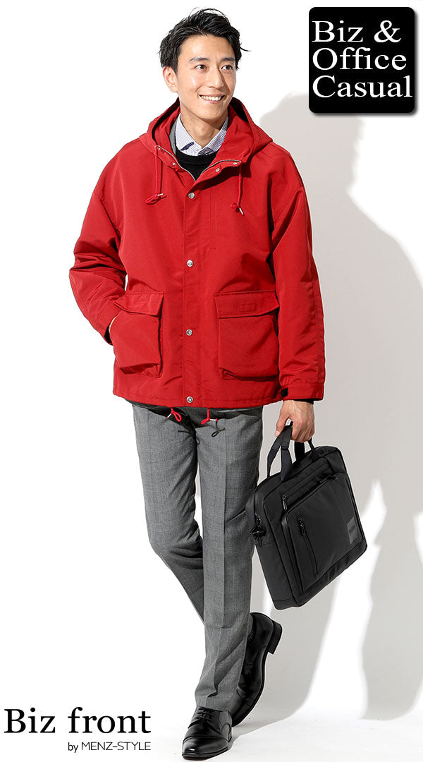 赤マウンテンパーカー×グレンチェックジャケット×丸首黒セーター×ストライプシャツ×グレンチェックスラックス　スーツスタイル　biz19-20aw_3994