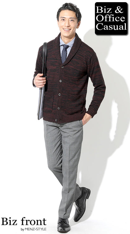 スマートカジュアル 男性 ジャケットなし 冬 カーディガン×シャツ×ネクタイ コーデ 上品 オフィスカジュアル
