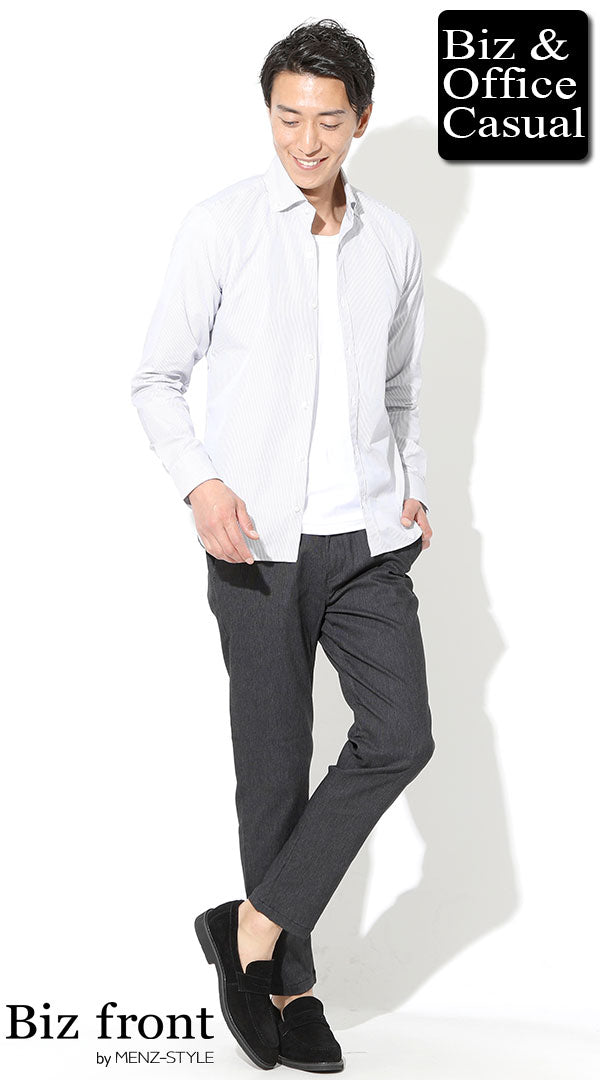 ストライプシャツ××白カットソー×チャコールアンクルパンツ×黒