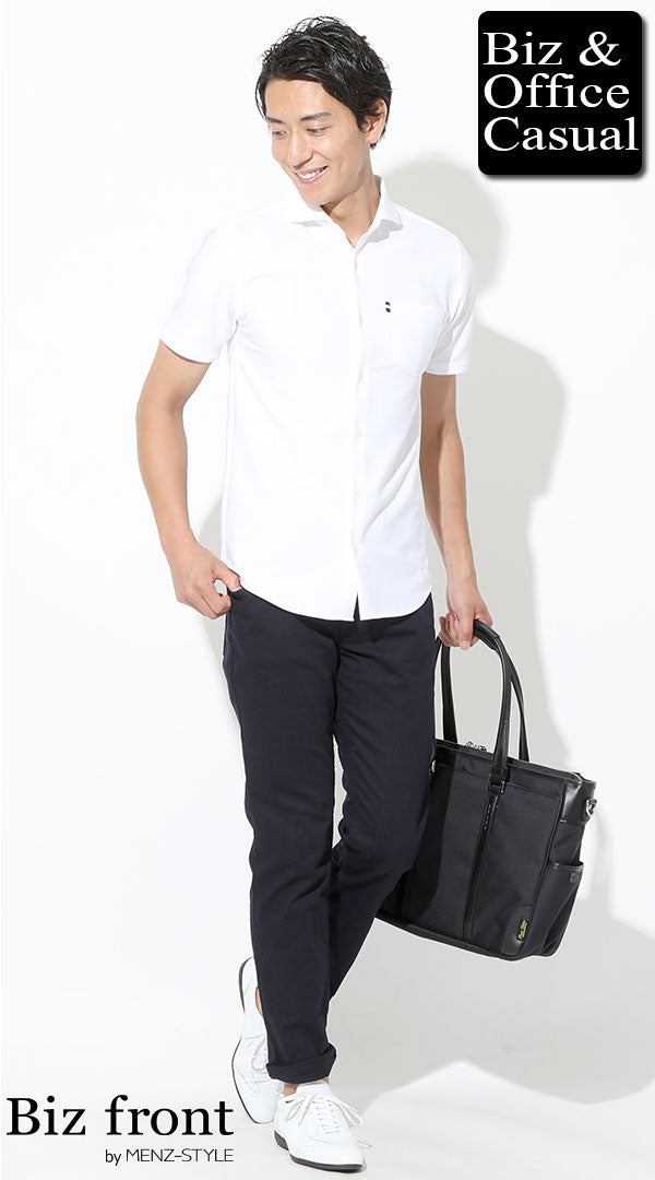 半袖白ポロシャツ×ネイビーパンツ×ビジネストートバッグ　ロールアップスタイル　biz20ss_3106